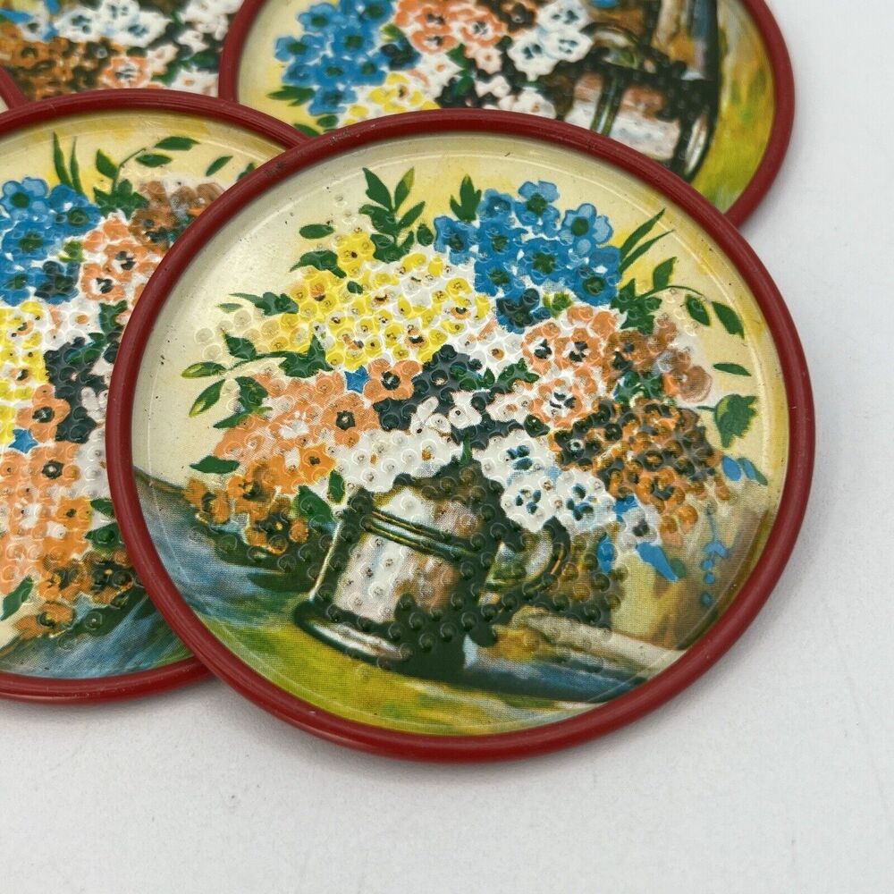 6 Vintage Tin Drink Coasters Red Yellow Floral Retro Cottagecore Granny 3.25"